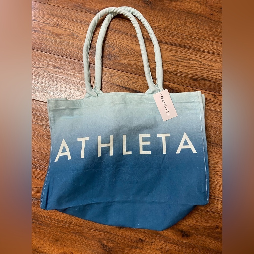 NWT Athleta Beach Bag Gym Bag Tote Bag Blue Ombre White Canvas Shopping Bag